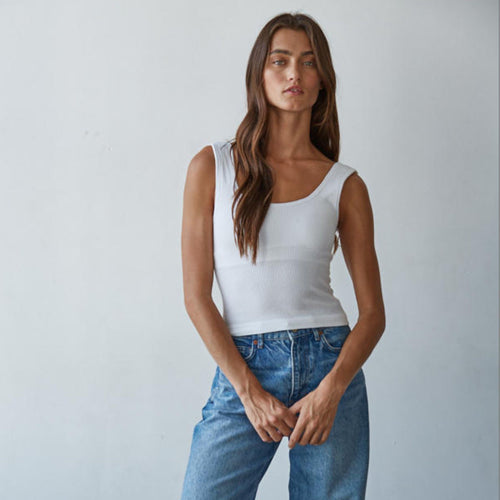 Padded Ribbed Fitted Tank Top White