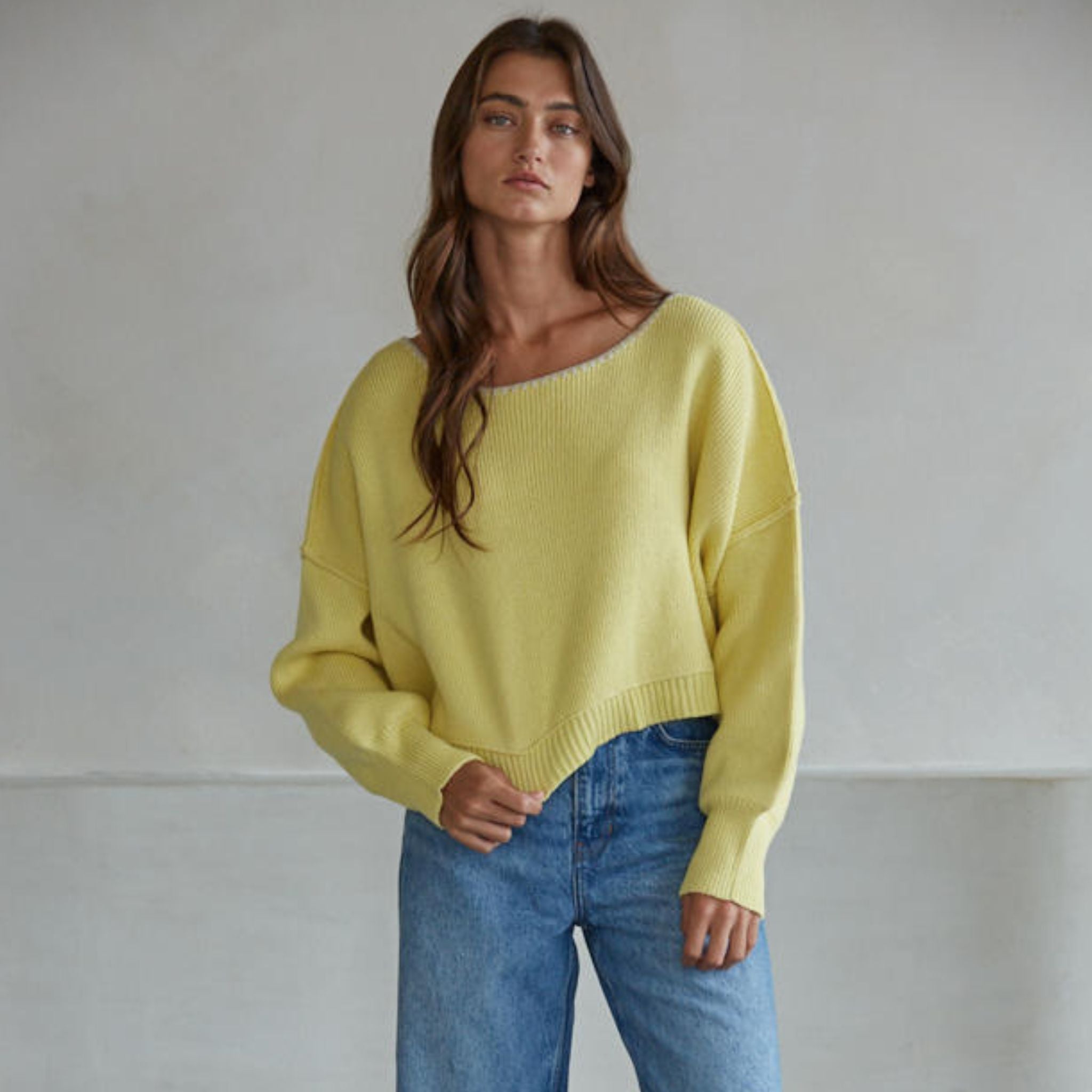 Vandelia Contrast Stitch Boat Neck Ribbed Sweater