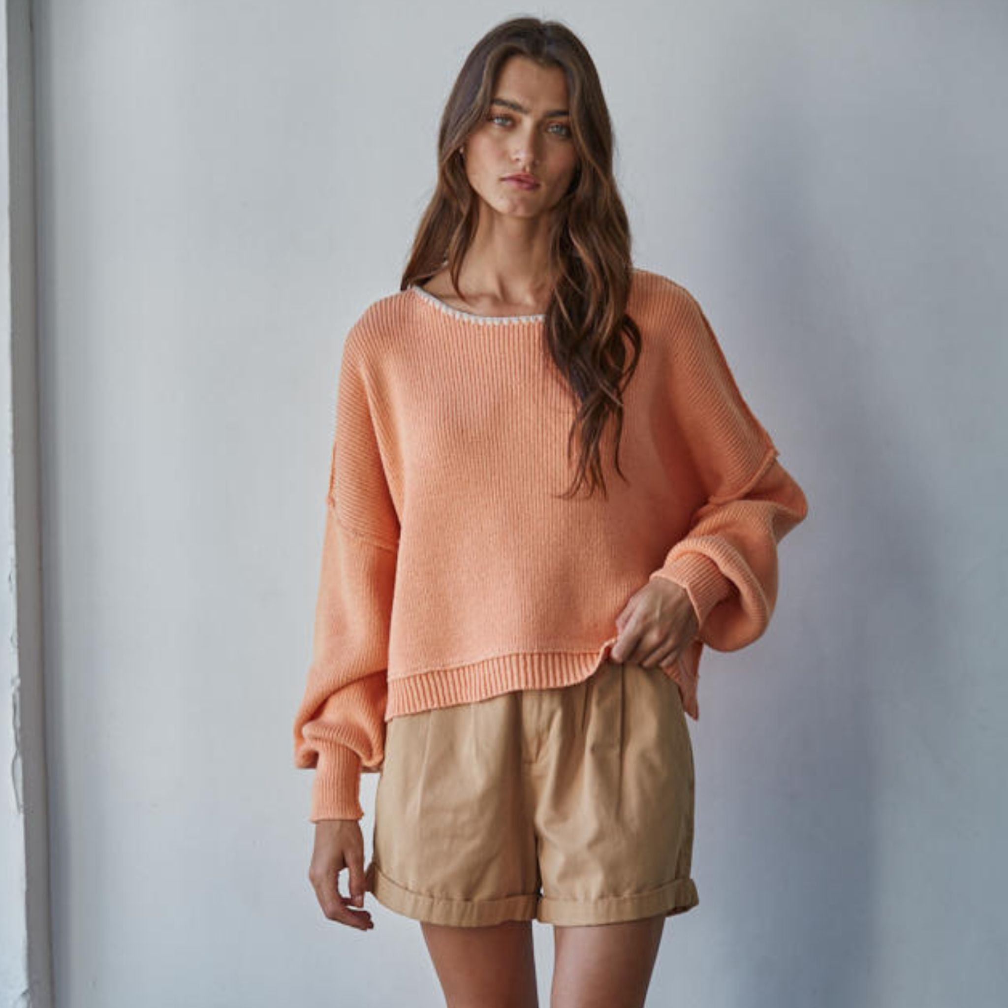 Vandelia Contrast Stitch Boat Neck Ribbed Sweater