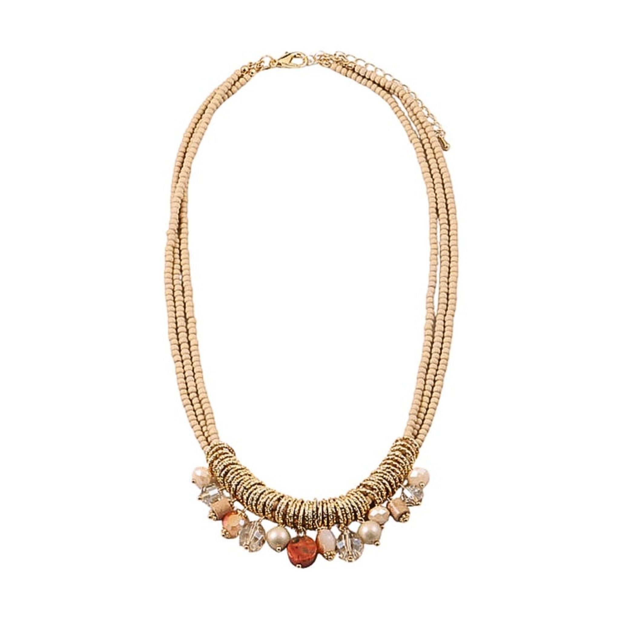 Necklace with multiple strands and bead embellishments on a white background