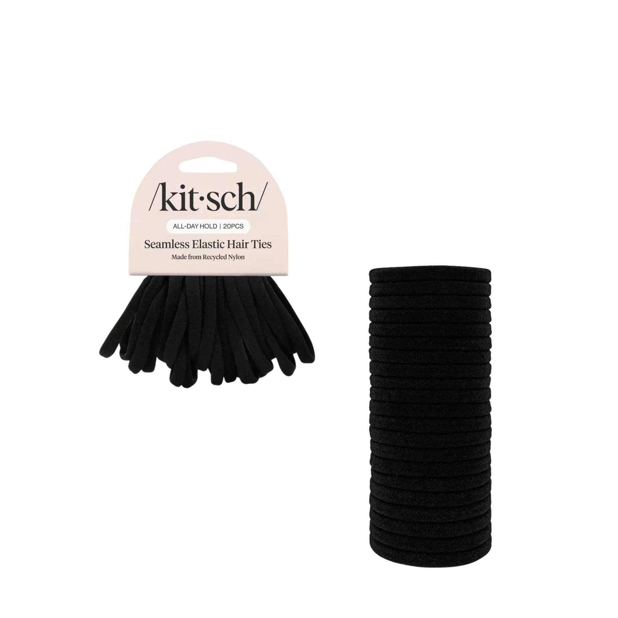 Black hair ties with packaging labeled 'kitsch' on a white background