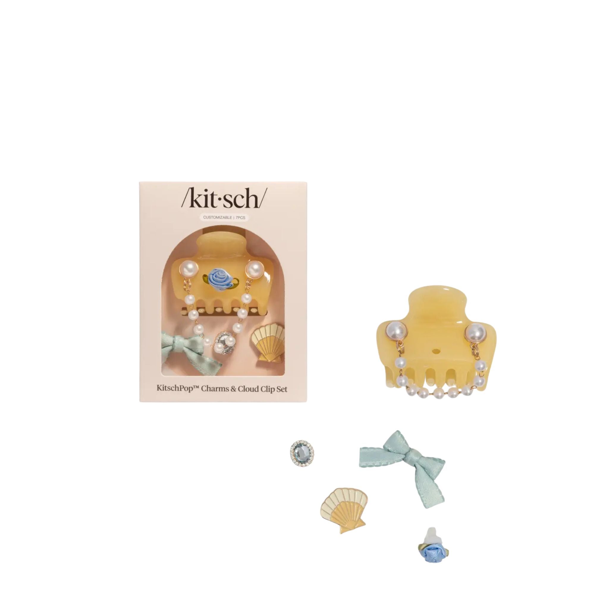 Kitsch charm and cloud clip set with packaging on a white background