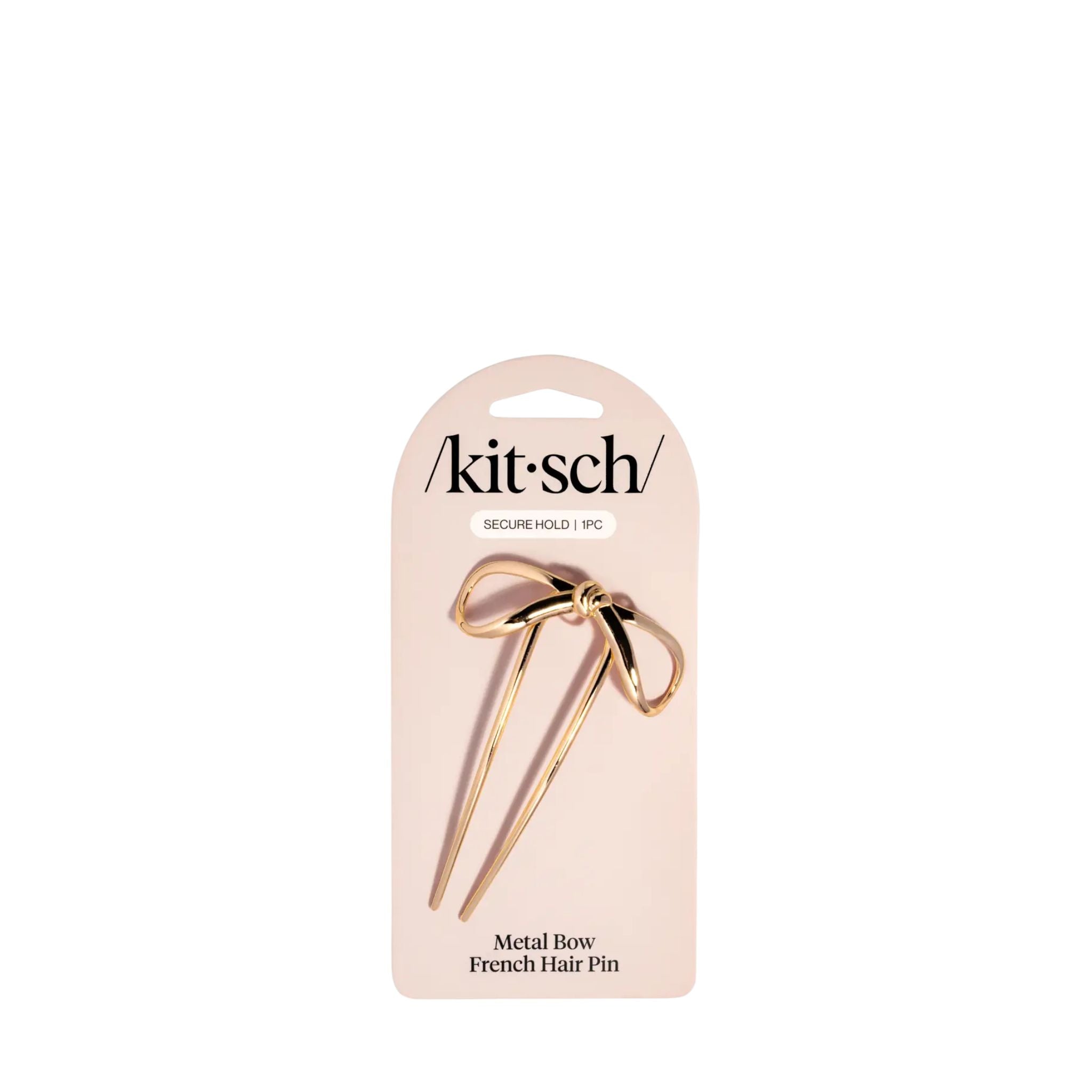 Kit-sch metal bow French hair pin on a beige card with brand name.