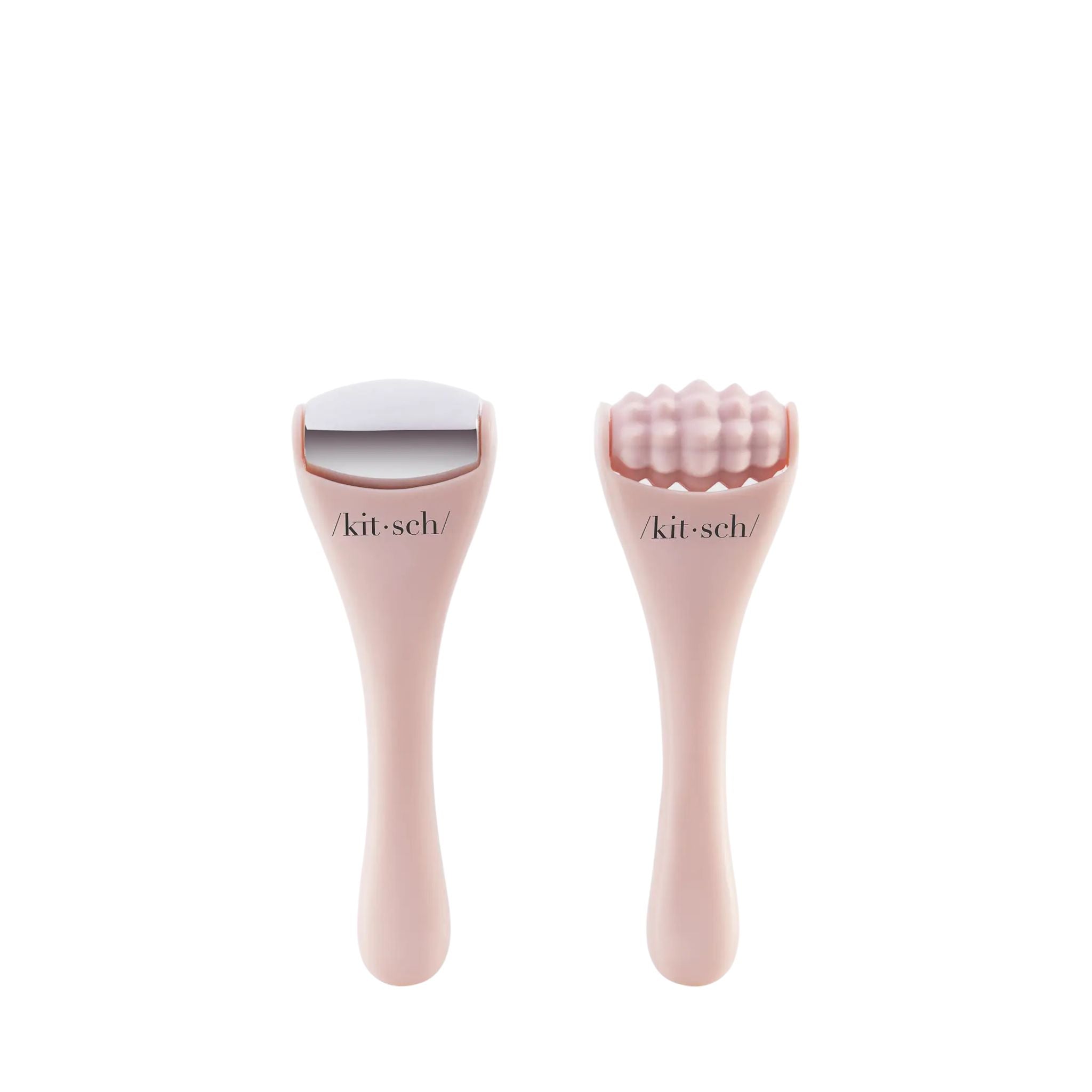 Two pink skin care tools with white accents on a white background, branded 'kit-sch'.