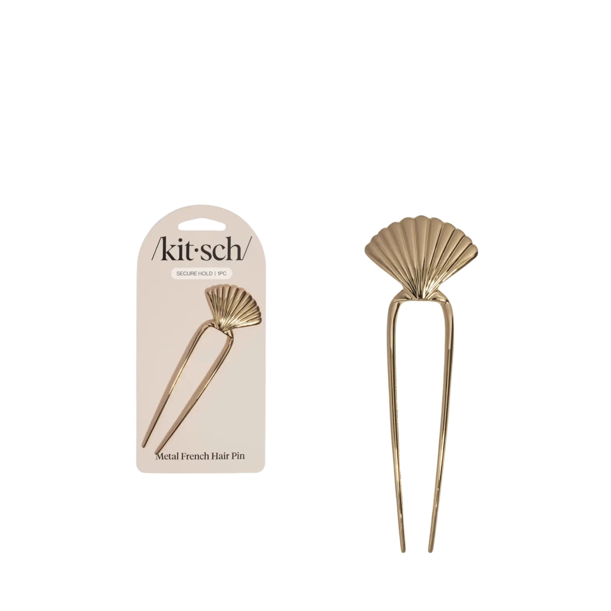 Gold metal hair pin with packaging labeled 'kit-sch' on a white background