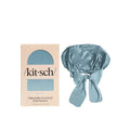 Blue satin bonnet with 'kitsch' packaging on a white background