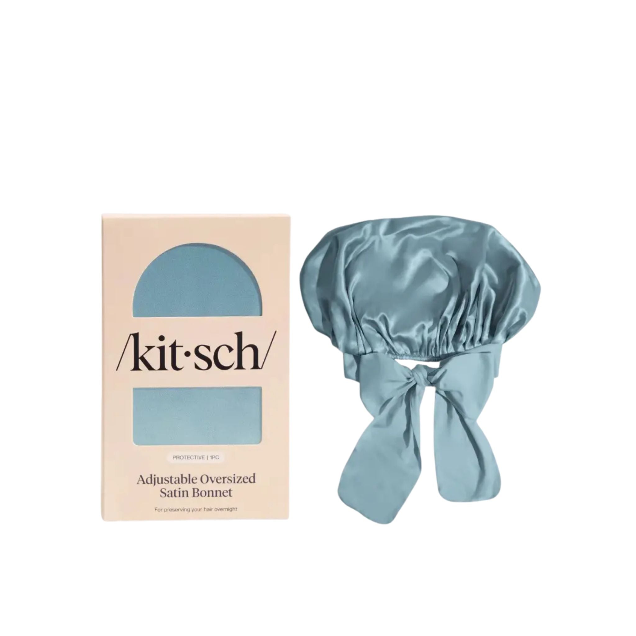 Blue satin bonnet with 'kitsch' packaging on a white background