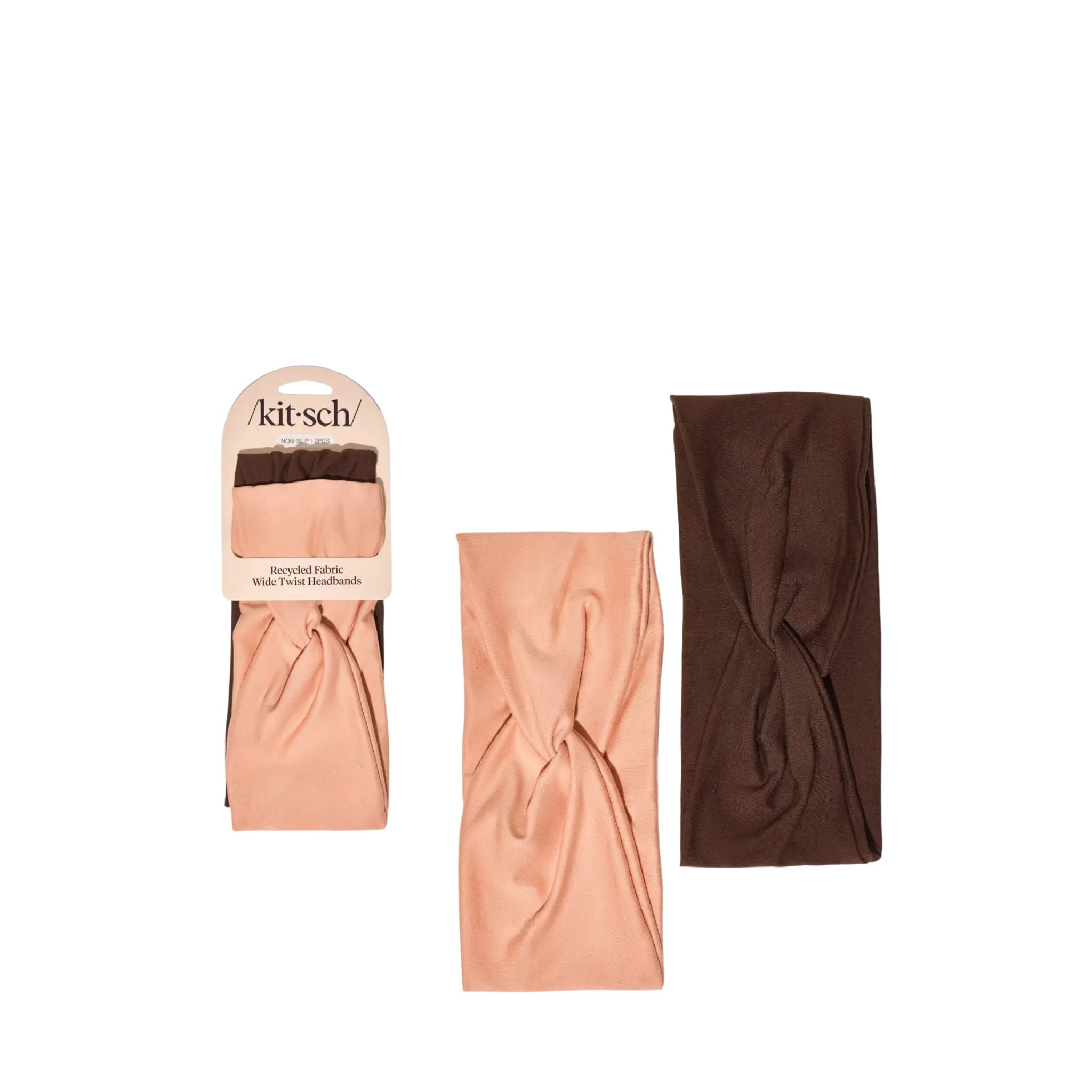 Two headbands, one peach and one brown, with 'kitsch' packaging on a white background.