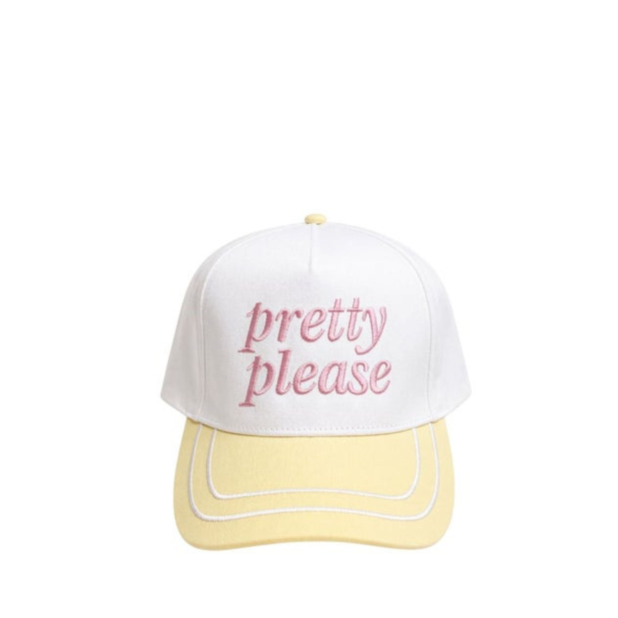 White and yellow cap with 'pretty please' text on a white background