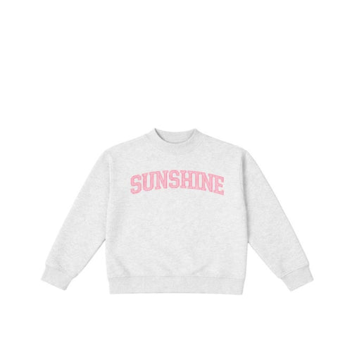 White sweatshirt with 'SUNSHINE' in pink text on a white background