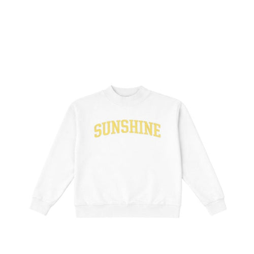 White sweatshirt with 'SUNSHINE' text in yellow on a white background