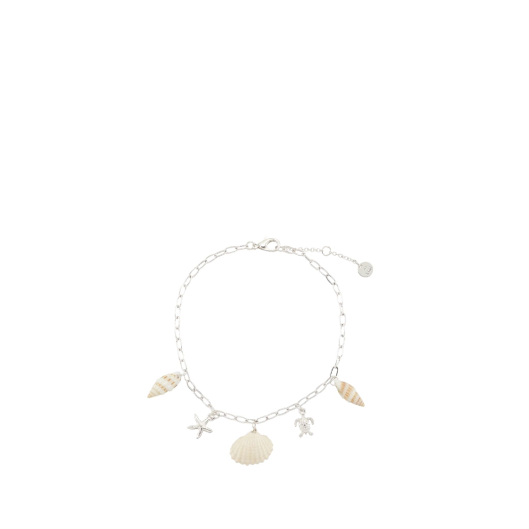 Silver bracelet with shell and starfish charms on a white background