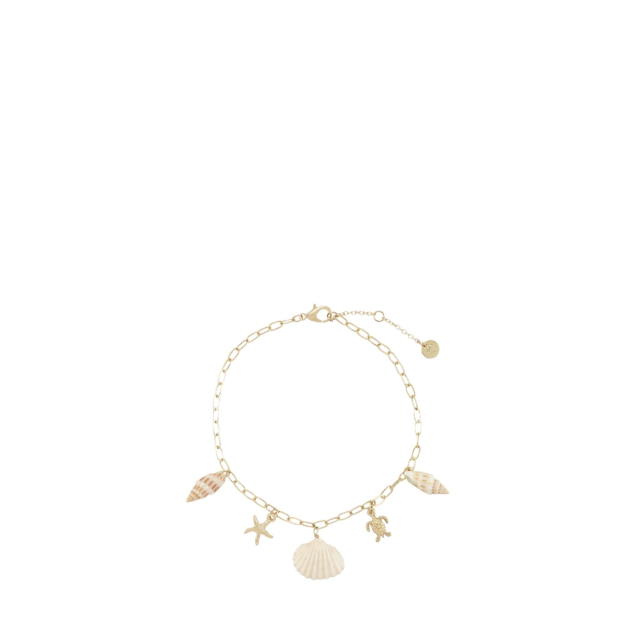 Gold bracelet with shell, starfish, and turtle charms on a white background