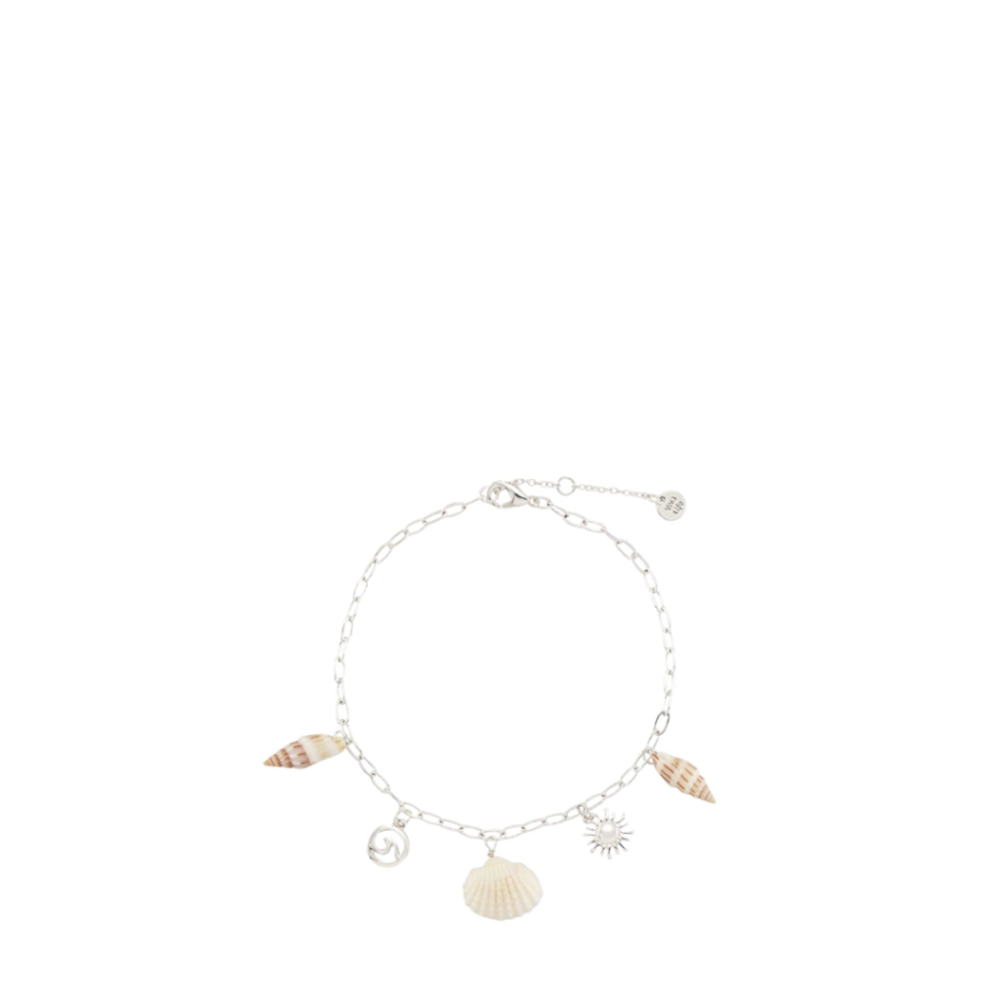 Silver bracelet with shell and starfish charms on a white background