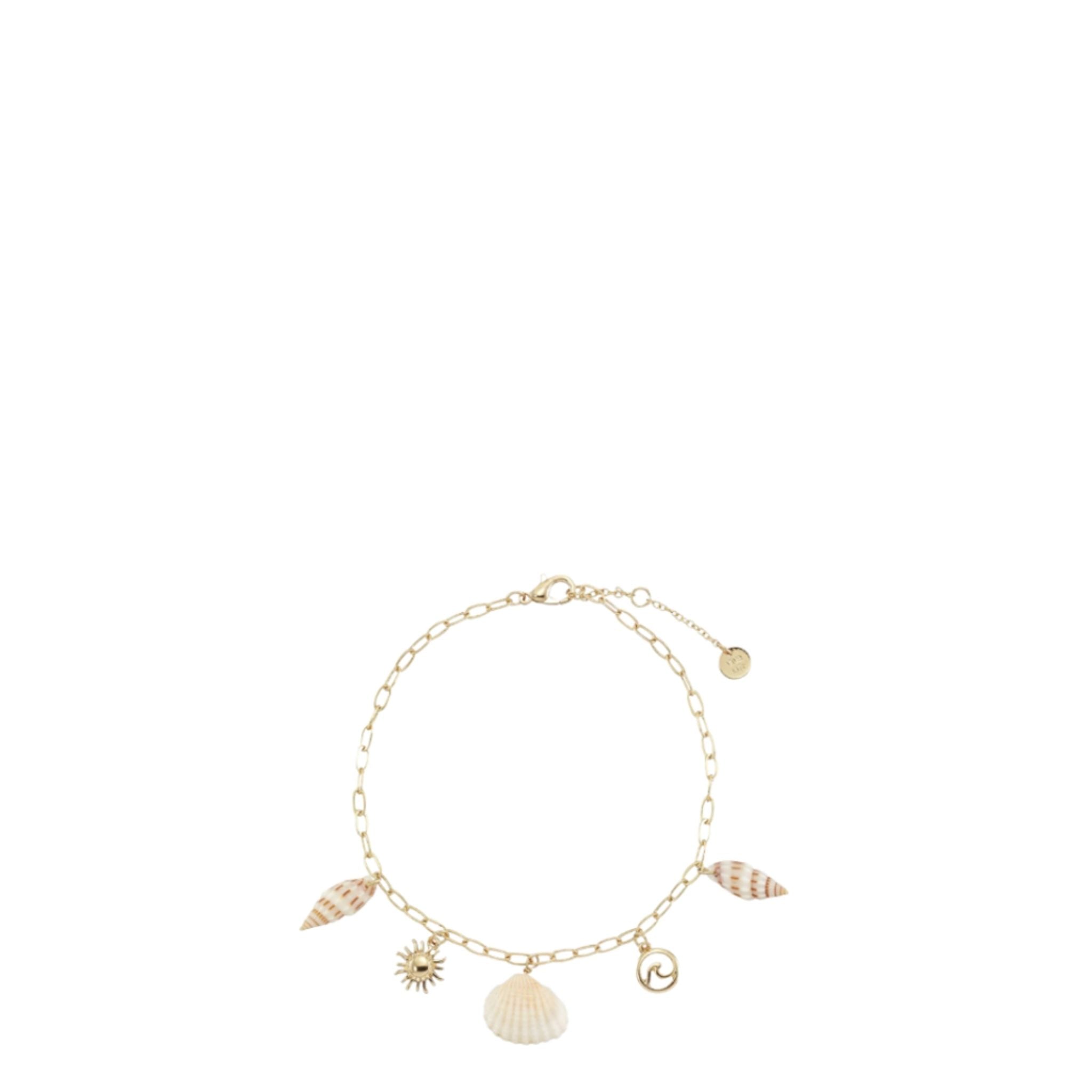 Gold bracelet with shell and sun charms on a white background