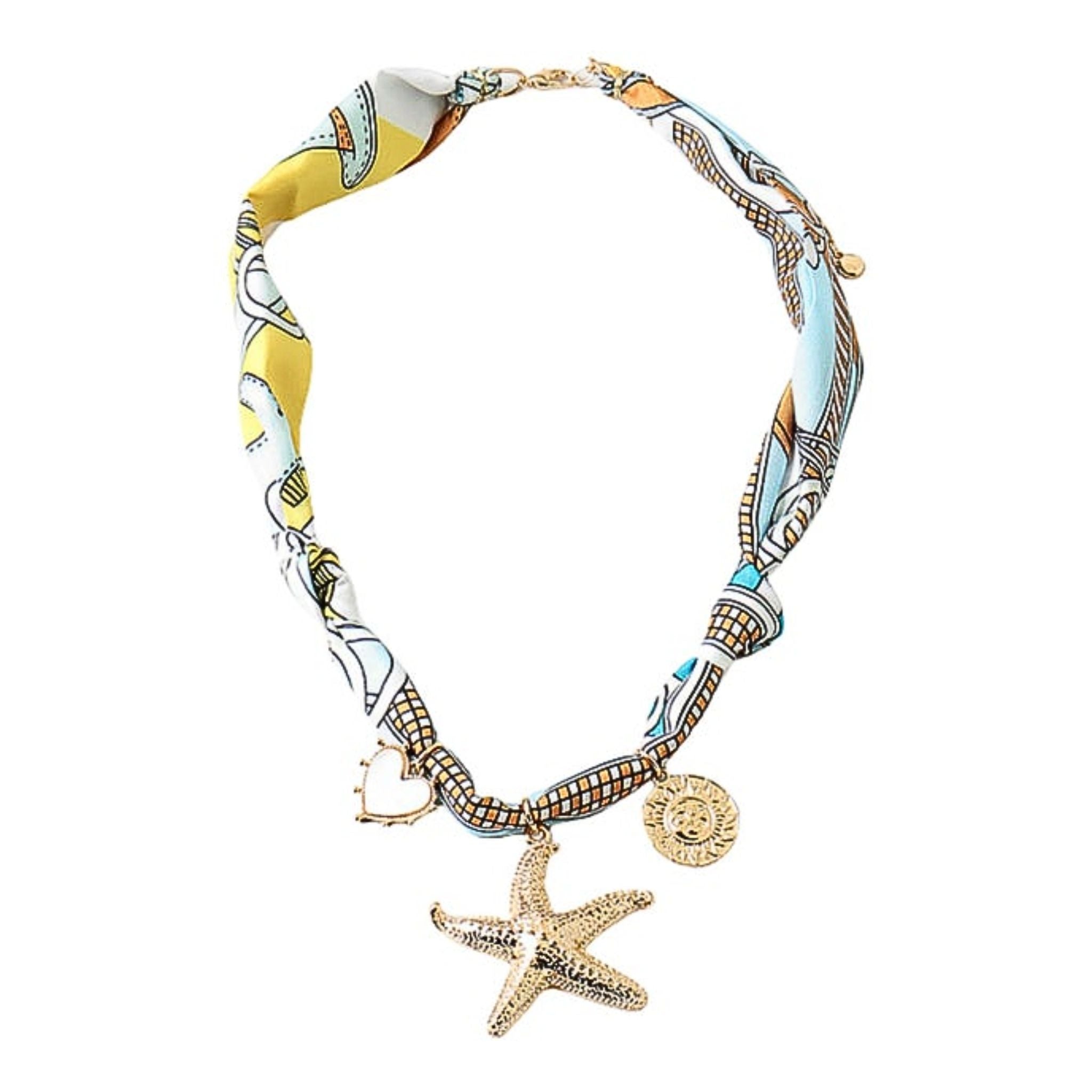 Colorful scarf with starfish and heart charms on a white background