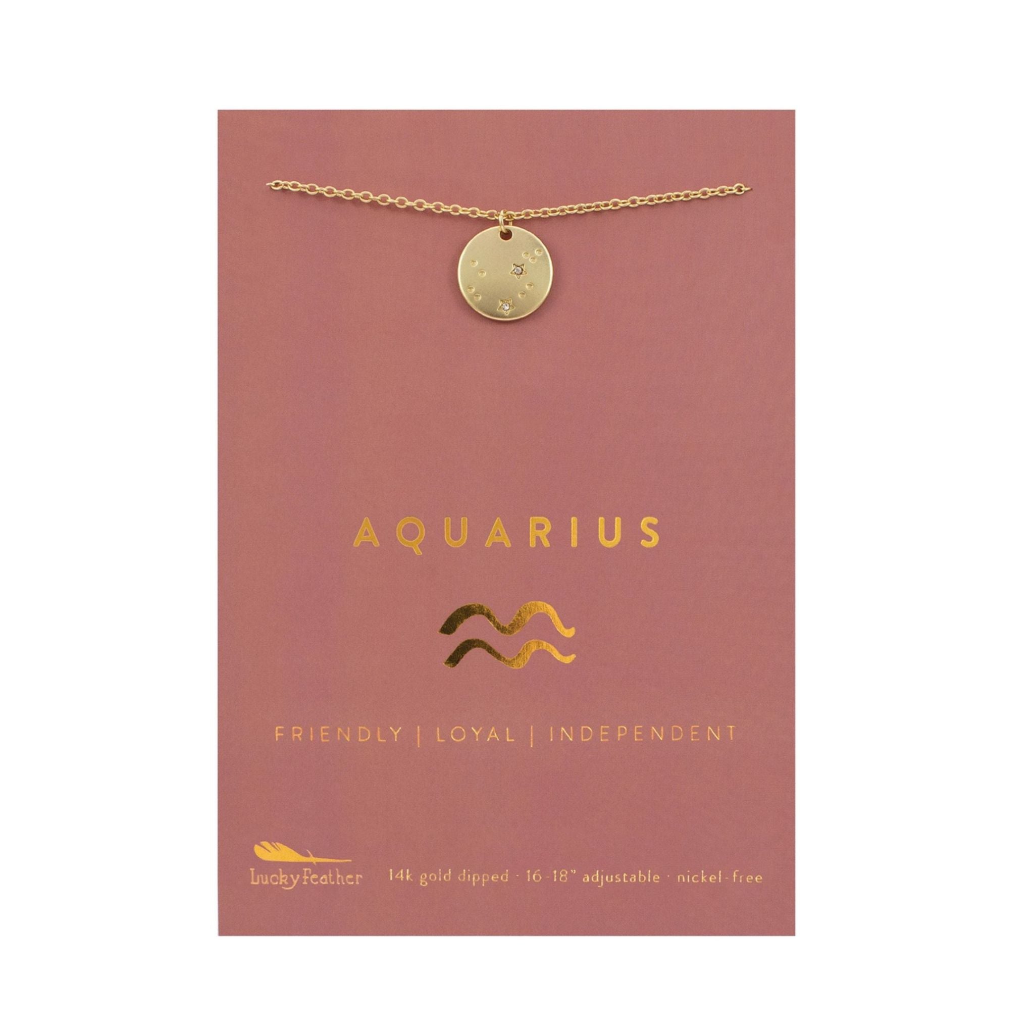 Gold Aquarius necklace on a pink card with zodiac symbols and descriptions.