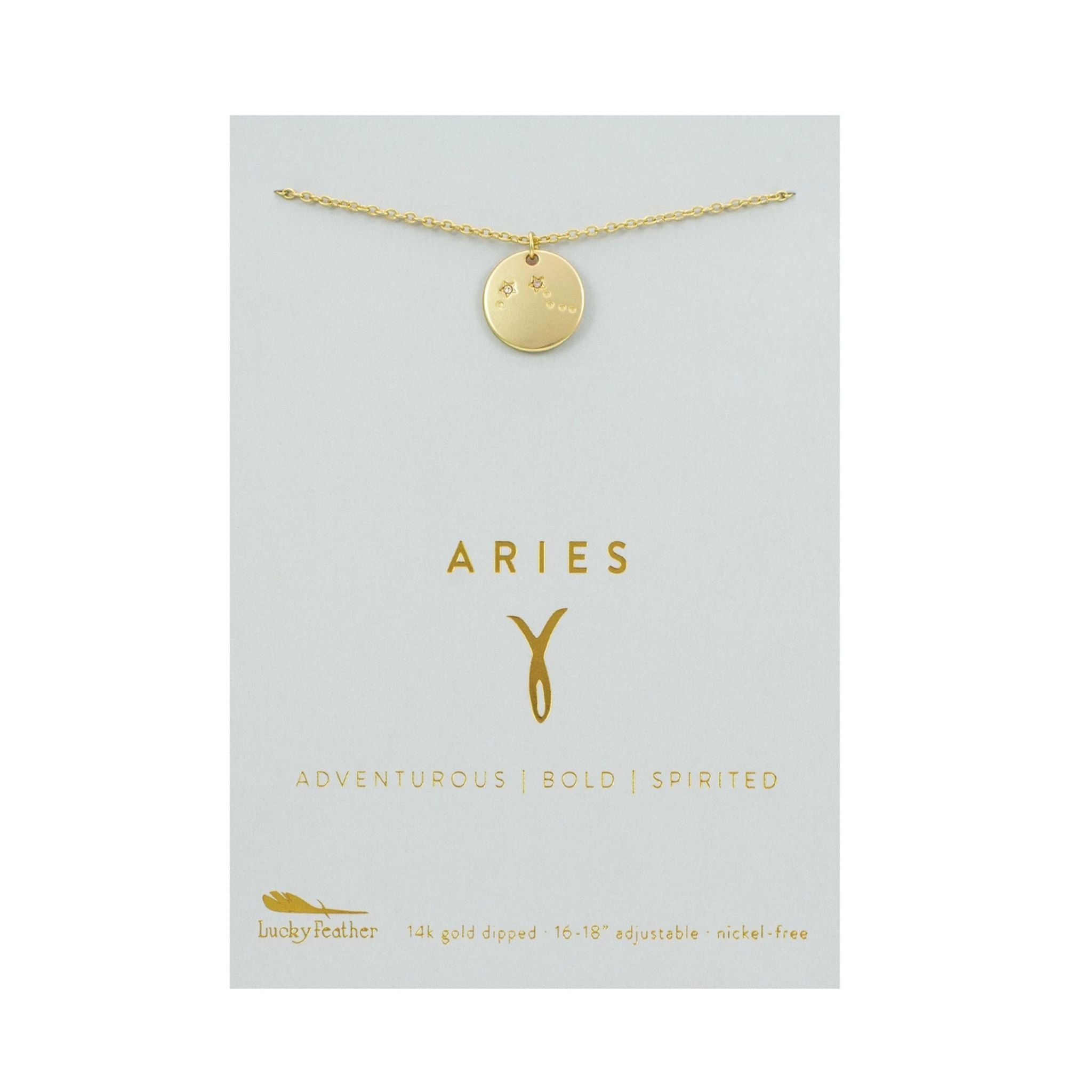 Gold necklace on a card with 'ARIES' text and zodiac symbol