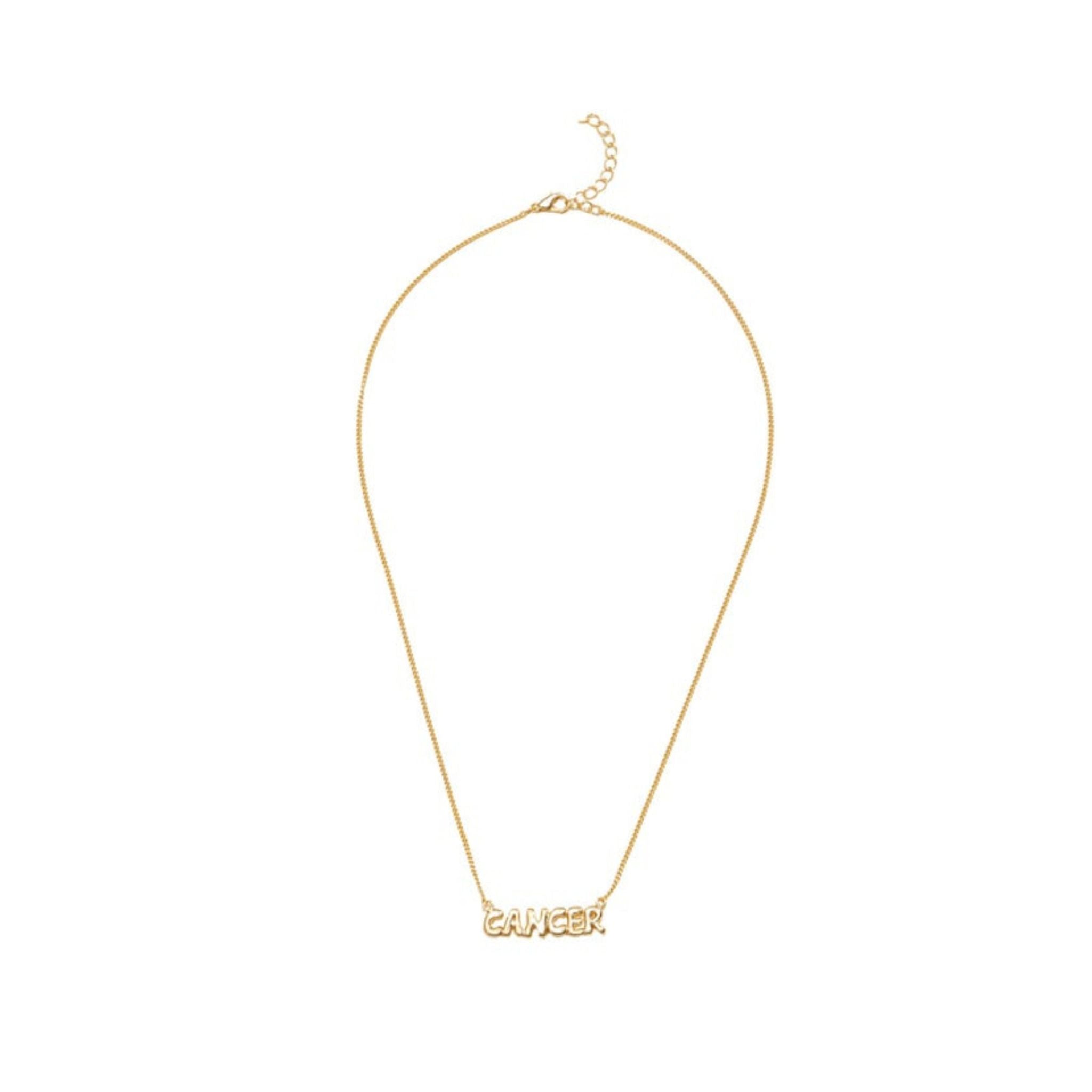 Gold necklace with 'Cancer' pendant on a white background