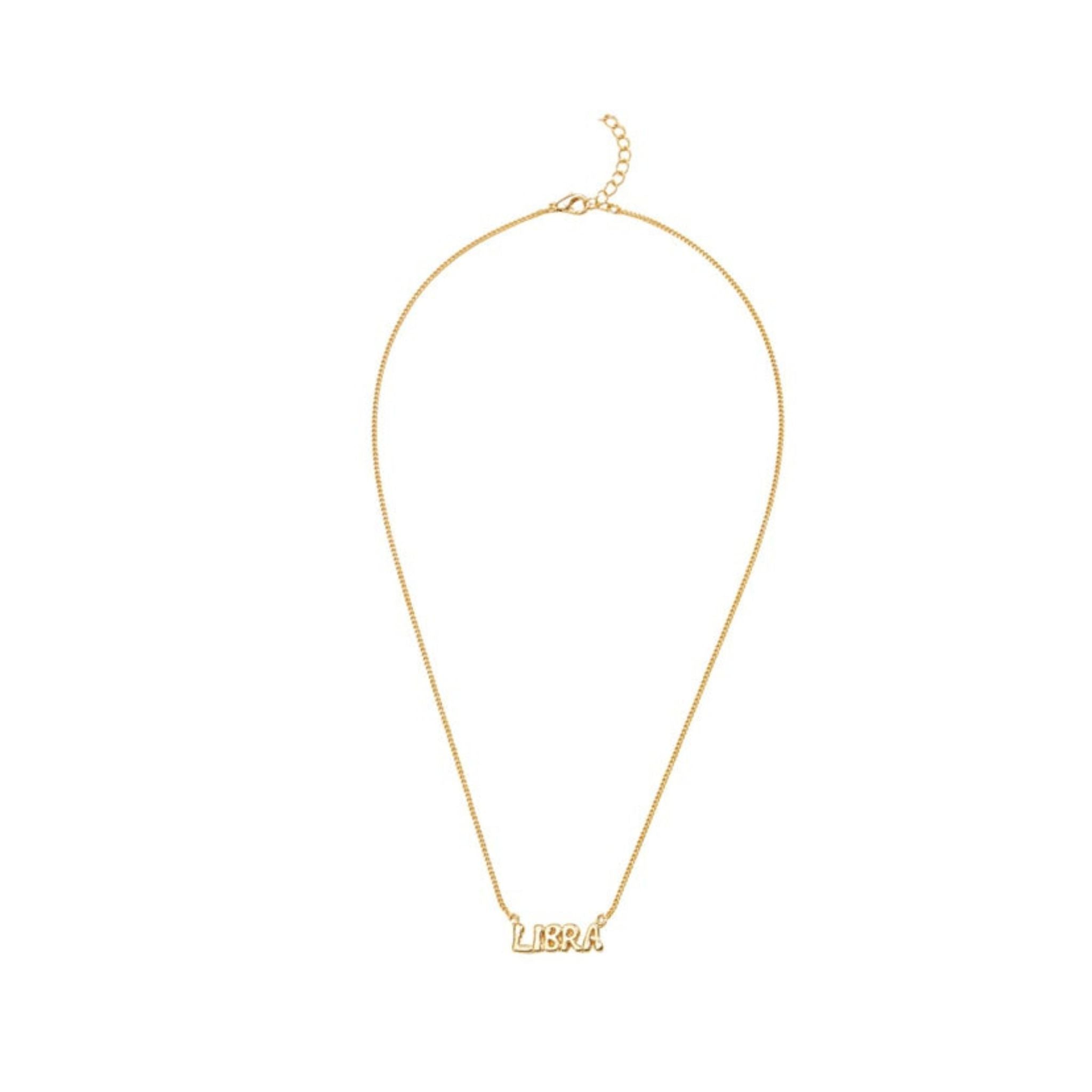 Gold necklace with 'LIBRA' pendant on a white background