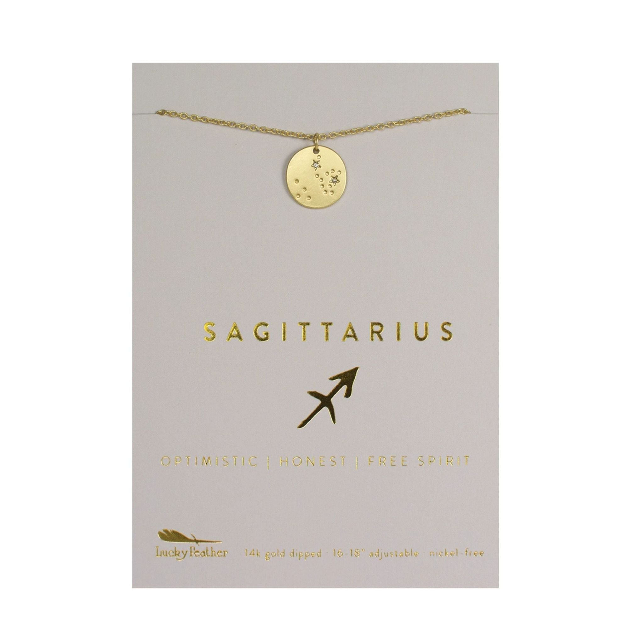Gold Sagittarius necklace on a branded card with gold text