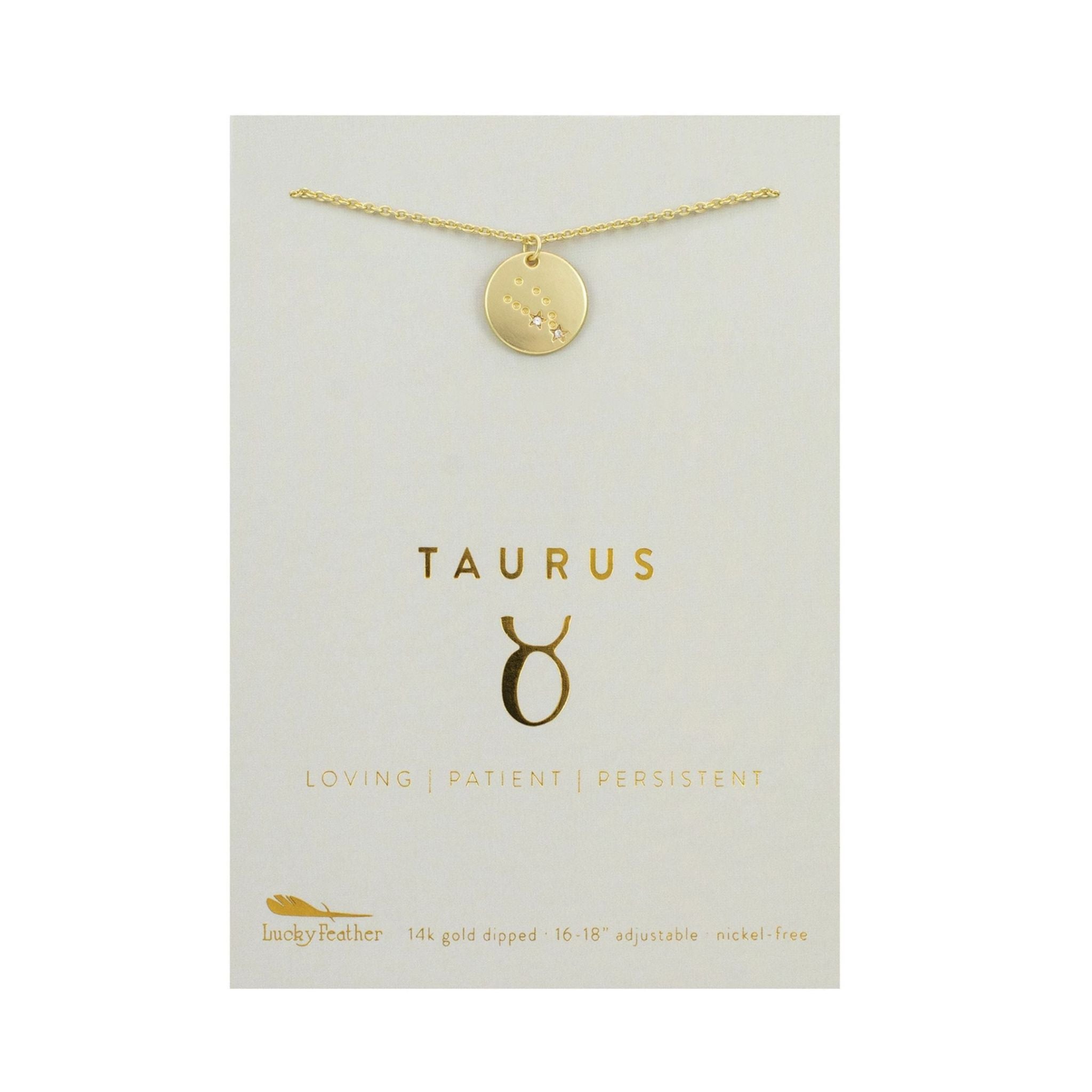 Gold necklace with Taurus pendant on a branded card