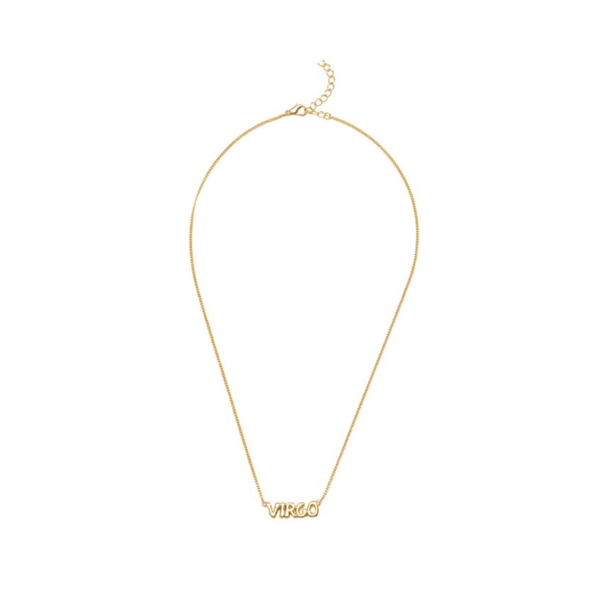 Gold necklace with 'VIRGO' pendant on a white background